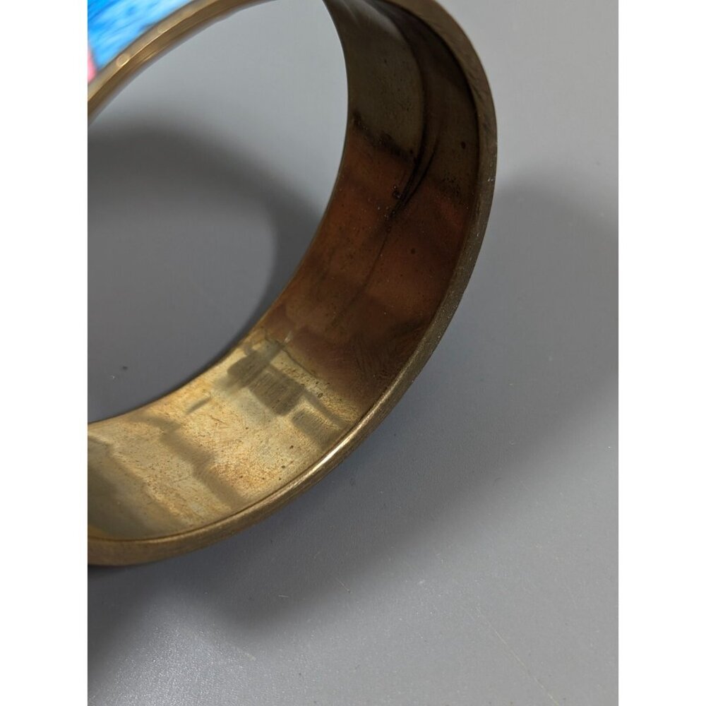 Vintage Brass Blue Pink Triangle Inlay Bangle Bracelet Tribal Boho small - Picture 7 of 9